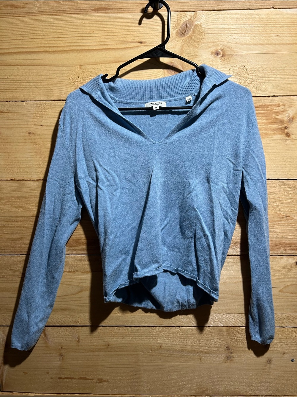 Max Studio Light Blue Knit V-Neck Hooded Pullover